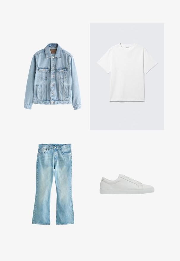 Hellblaue Jeansjacke mit vorderem Knopfverschluss, zwei Brustklappentaschen und seitlichen Leistentaschen, flach auf weißem Hintergrund ausgelegt.; Weißes T-Shirt mit kurzen Ärmeln und Rundhalsausschnitt, flach liegend, schlichtes Design, mit „WEEKDAY“-Etikett innen im Kragen auf hellem Hintergrund.; Hellblaue Jeans aus Denim mit hoher Taille, Knopfverschluss, vorderen Taschen und leicht ausgestellten Beinenden.; Reiss REGULAR FIT - LUCA TUMBLED - Sneaker low - white