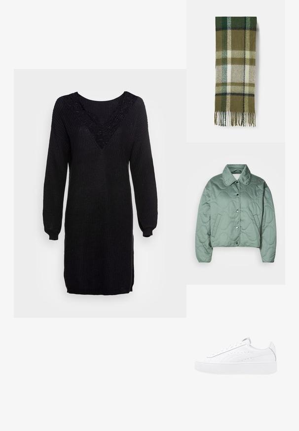 Quiltet cropped jakke i blød grøn, med klassisk krave, trykknapper og sidelommer med en bølget mønstert tekstur.; Sort striktrøje kjole med lange ærmer, V-hals og blonderdetaljer ved udskæringen. Ribbet tekstur med sideslids ved kanten.; Hvide platform sneakers med overdel i læder, rund tå og snørelukning. Har sidelufthuller og diskret branding på hælen.; Grøn og beige ternet tørklæde lavet af blødt materiale, med frynsede kanter og et ternet mønster med varierede nuancer af grøn.