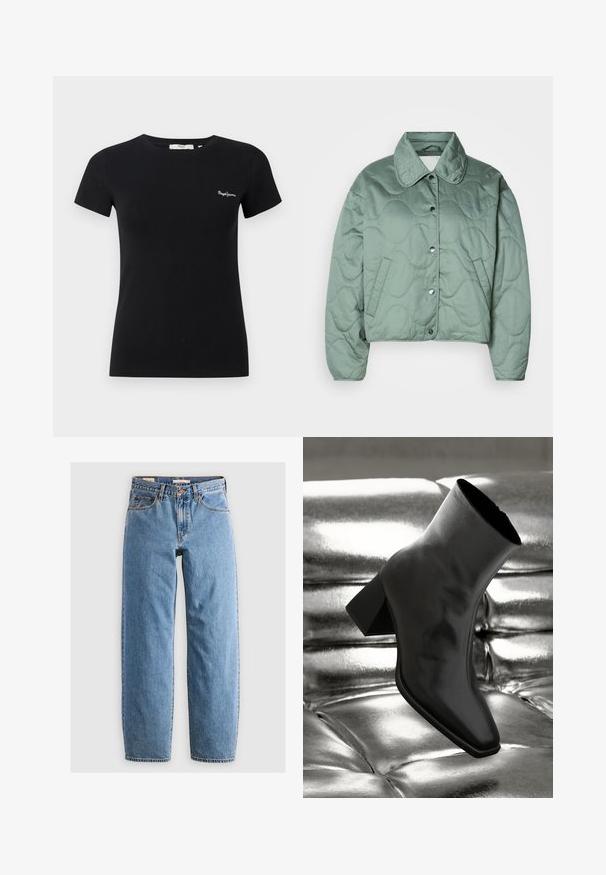 Gepolsterte, kurz geschnittene Jacke in zartem Grün, mit klassischem Kragen, Druckknöpfen und Seitentaschen mit wellenförmiger Textur.; Schwarzes, tailliertes T-Shirt mit kurzen Ärmeln, Rundhalsausschnitt und kleinem weißem "Pepe Jeans"-Logo auf der linken Brust.; Helleblaue Denim-Jeans mit geradem Bein, fünf Taschen, einem Reißverschluss und einer subtilen, verwitterten Textur. Klassisches Design mit minimalem Hardwareeinsatz.; Schwarzer Knöchelstiefel aus glänzendem Material mit quadratischer Zehenform und verjüngtem Absatz, vor einem glänzenden silbernen gepolsterten Hintergrund.