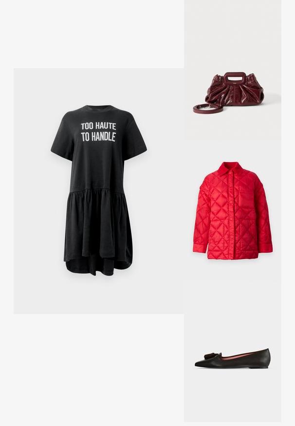 Chaqueta acolchada roja con cuello con solapa, cierre de botones a presión y un bolsillo en la parte frontal. Textura suave y brillante.; Vestido negro de camiseta con mangas cortas, dobladillo acampanado, falda fruncida y texto blanco "TOO HAUTE TO HANDLE" en la parte frontal. Tejido de algodón.; Zapato plano de cuero negro con punta afilada y detalle de borla en la parte superior, con forro interior rosa y tacón bajo.; Pequeño bolso de mano de cuero rojo oscuro con textura fruncida, asa rectangular con recorte para la mano y correa de hombro desmontable sobre fondo blanco.