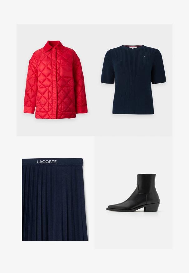 Rote gesteppte Jacke mit Kragen, Druckknopfverschluss und einer einzelnen Tasche auf der Vorderseite. Glatte, glänzende Textur.; Marineblauer, gestrickter Pullover mit kurzen Ärmeln und rundem Ausschnitt. Verfügt über ein dezentes Logodetail auf der Brust und eine gerippte Textur.; Marineblauer, gefälteter Rock mit einem elastischen Bund und dem weißen "LACOSTE"-Logo. Weiche Stofftextur mit vertikalen Falten für Bewegungsfreiheit.; Schwarze Leder-Ankle-Boots mit eckiger Spitze, matter Oberfläche und niedrigem Blockabsatz. Verfügt über ein glattes, stromlinienförmiges Design ohne Verzierungen.
