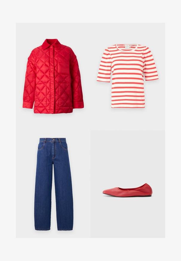Chaqueta acolchada roja con cuello con solapa, cierre de botones a presión y un bolsillo en la parte frontal. Textura suave y brillante.; Top de manga corta a rayas rojas y blancas con textura acanalada y cuello redondo. Las mangas abullonadas aportan volumen al diseño.; Vaqueros de mezclilla azul de pierna ancha con cintura alta, que cuentan con bolsillos delanteros y costuras naranjas. La tela tiene una textura suave y un acabado clásico.; Filippa K REY FLATS - Bailarinas - bright red
