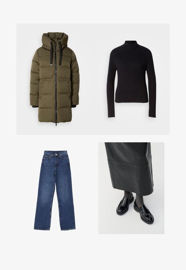 Olivengrøn pufferjakke med polstret design, justerbar hætte og sort lynlås. Har sidelommer og ribbede manchetter for ekstra varme.; Sort rippet turtleneck sweater med lange ærmer, tætsiddende design og struktureret overflade. Fremstillet af et strækbart strikket stof.; Bredde ben blå denim jeans med høj talje, der har en knaplukning, fem lommer og diskret falmning på stoffet.; Sorte læder loafers med en glat finish, prydet med en dekorativ rem, rund tå og tekstureret sål. Båret med en lang sort læderskirt.