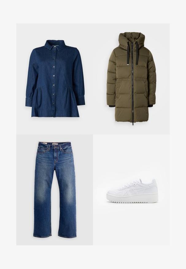 Olivengrøn pufferjakke med polstret design, justerbar hætte og sort lynlås. Har sidelommer og ribbede manchetter for ekstra varme.; Mørk denimskjorte med krave, knaplukning foran, lange ærmer og indsamlede peplum-detaljer ved taljen. Glat tekstur og klassisk design.; Blå straight-leg denimjeans med forlommer, bæltestropper og falmning på lårene, vist på en ensfarvet hvid baggrund.; Hvide platform sneakers med en glat læderoverflade, perforerede detaljer og flade snørebånd; har en tyk hvid gummisål.