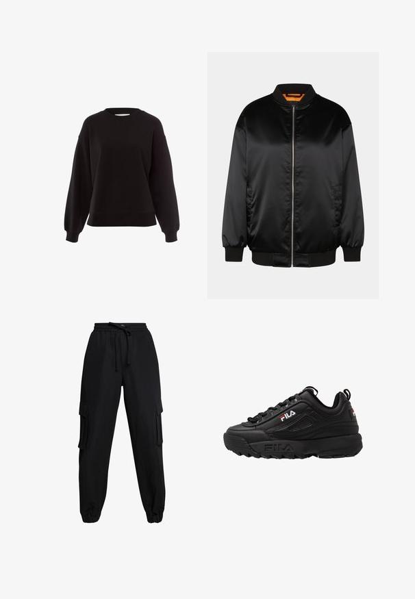 Schwarze Bomberjacke aus glattem Satin, mit Reißverschluss vorn, gerippten Bündchen und Saum sowie einer orangefarbenen Fütterung. Klassisches und minimalistisches Design.; Schwarzer Sweatshirt aus weichem Material, mit rundem Halsausschnitt, überschnittenen Schultern und gerippten Bündchen in einem lässigen Schnitt.; Schwarze Cargo-Hosen aus leichtem Material, mit einem elastischen Taillenbund, Kordelzug und Seitentaschen. Die design wird durch umschlagbare Knöchel abgerundet.; Schwarzer Sportschuh aus synthetischem Leder. Verfügt über eine dicke Sohle, strukturierte Muster und ein auffälliges Fila-Logo an der Seite.
