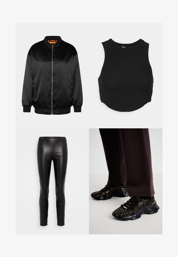 Zwarte bomberjack van glad satijn, met een ritssluiting aan de voorkant, ribbelmanchetten en -zoom, en een oranje voering. Klassiek en minimalistisch ontwerp.; Zwarte geribbelde crop top met hoge hals en mouwloos ontwerp. Zachte textuur met een getailleerde pasvorm en een licht gebogen zoom.; Zwarte nepleer leggings met een elastische taille, een strakke pasvorm, een gladde textuur en stiksels die naar voren lopen.; Zwarte sneakers met gouden spikkels, een gestructureerd oppervlak en een stevige zwarte zool. Gekoppeld aan bruine sweatpants met een slim-fit ontwerp.