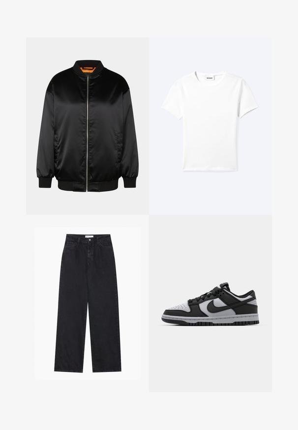 Veste bomber noire en satin lisse, avec fermeture éclair à l'avant, poignets et ourlet côtelés, et doublure orange. Design classique et minimaliste.; T-shirt blanc uni à manches courtes et col rond avec une petite étiquette "WEEKDAY" à l'intérieur de l'encolure, présenté à plat sur un fond clair.; Jeans en denim noirs taille haute à jambes larges avec fermeture à bouton et zip à l'avant, passants de ceinture et style à cinq poches.; Baskets basses Nike Dunk noires et grises avec un bout perforé, des accents en cuir lisse et une semelle en caoutchouc avec un motif de traction texturé.