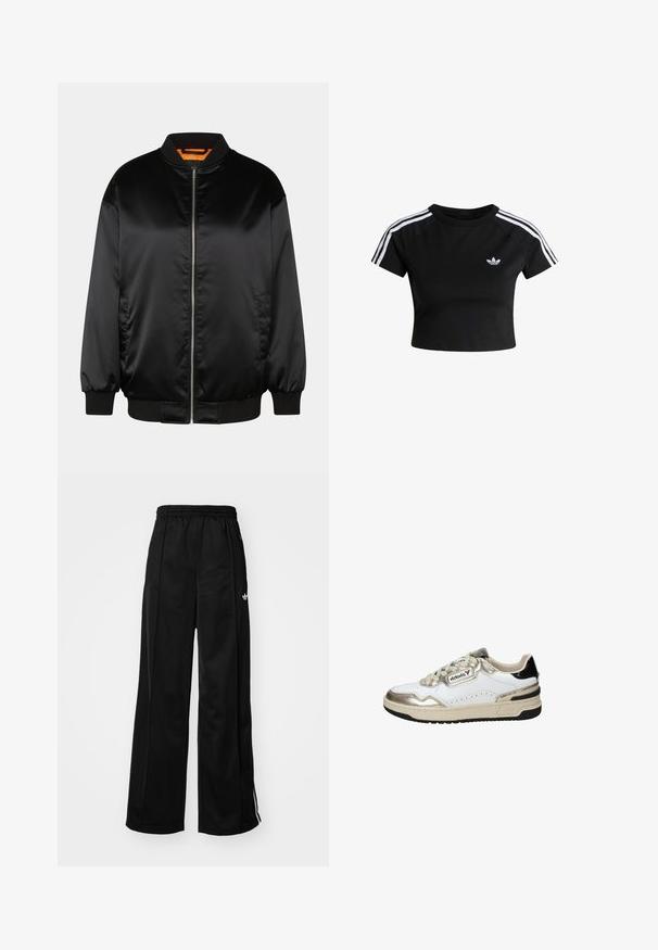 Zwarte bomberjack van glad satijn, met een ritssluiting aan de voorkant, ribbelmanchetten en -zoom, en een oranje voering. Klassiek en minimalistisch ontwerp.; Zwart cropped t-shirt met witte drievoudige strepen op de schouders en Adidas trefoil-logo op de linkerborst.; Zwarte wijde trainingsbroek met een elastische tailleband, voorzien van witte zijkanten en een klein logo op de linker heup. Stevige stoftextuur.; Witte en gouden sneaker met zwarte accenten, voorzien van glad leer, een ronde neus, vetersluiting en een gestructureerde rubberen zool.
