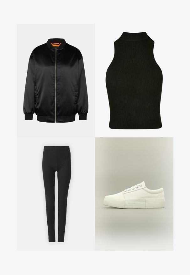 Schwarze Bomberjacke aus glattem Satin, mit Reißverschluss vorn, gerippten Bündchen und Saum sowie einer orangefarbenen Fütterung. Klassisches und minimalistisches Design.; Schwarzes, geripptes, ärmelloses Oberteil mit hohem Kragen, das ein figurbetontes Design und einen strukturierten Stoff aufweist.; Schwarze, elastische Leggings mit enger Passform, die einen hohen Bund und eine glatte Textur aufweisen. Keine sichtbaren Muster oder Beschlagdetails.; Weißer Sneaker mit niedrigem Schaft, dicker Sohle, Metallösen und Schnürsenkeln, von der Seite auf hellem, einfachem Hintergrund gezeigt.