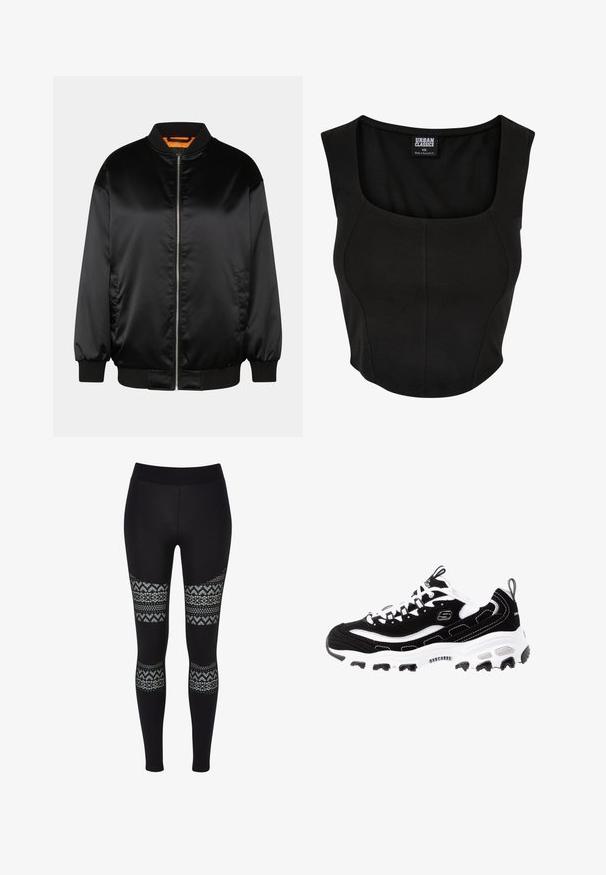 Sort bomberjakke lavet af glat satin, med lynlås foran, ribbede manchetter og kant, samt en orange foring. Klassisk og minimalistisk design.; Sort cropped tank top med rund halsudskæring, lavet af glat, strækbart stof. Har et tætsiddende design og minimale sømme.; Sorte leggings med en glat tekstur, der har mønstrede udskæringer ved lårene med et blomsterdesign i nuancer af lys blå.; Sort og hvid atletisk sko med overdel i ruskind, polstret krave og let sål. Har fremtrædende logo og kontrasterende syninger.