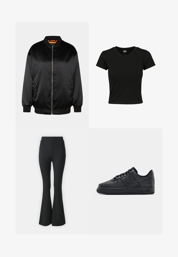 Veste bomber noire en satin lisse, avec fermeture éclair à l'avant, poignets et ourlet côtelés, et doublure orange. Design classique et minimaliste.; T-shirt noir à manches courtes en coton lisse, avec un col rond et une coupe ajustée. Aucun motif ou accent visible.; Pantalons noirs évasés en tissu extensible. Présentent une taille haute et un design lisse et ajusté qui s'évase à partir du genou.; Baskets en cuir noir avec boîte à orteils perforée, lacets plats et semelle en caoutchouc. Présente un petit logo sur le côté et des détails texturés.