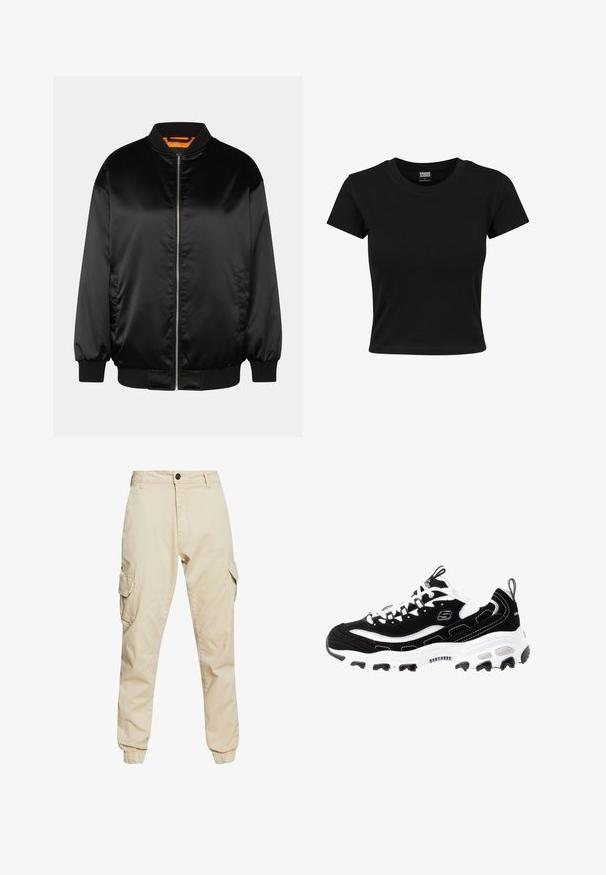 Sort bomberjakke lavet af glat satin, med lynlås foran, ribbede manchetter og kant, samt en orange foring. Klassisk og minimalistisk design.; Sort kortærmet t-shirt lavet af glat bomuldsstof, med rund halsudskæring og en tætsiddende pasform. Ingen synlige mønstre eller accenter.; Beige cargo bukser med en klassisk pasform, der har to sidelommer, elastiske manchetter og blødt bomuldsstof med en glat tekstur.; Sort og hvid atletisk sko med overdel i ruskind, polstret krave og let sål. Har fremtrædende logo og kontrasterende syninger.