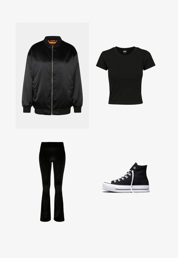 Sort bomberjakke lavet af glat satin, med lynlås foran, ribbede manchetter og kant, samt en orange foring. Klassisk og minimalistisk design.; Sort kortærmet t-shirt lavet af glat bomuldsstof, med rund halsudskæring og en tætsiddende pasform. Ingen synlige mønstre eller accenter.; Sorte bukser med vidde i blødt, velourstof. Høj talje og glat overflade. Designet har en vid cut fra knæet og ned.; Sort high-top canvas sneaker med hvid gummisål og hvide snørebånd, vist fra siden mod en hvid baggrund.