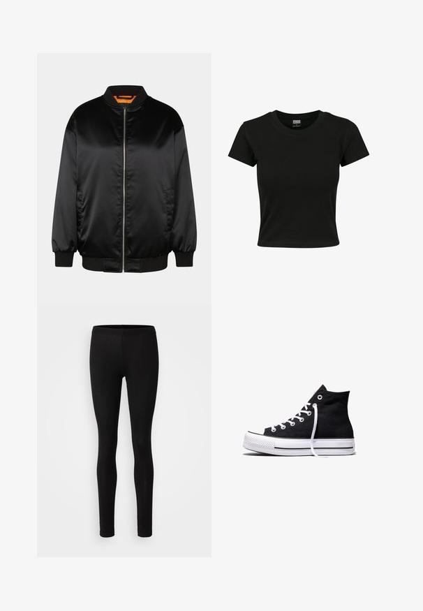 Sort bomberjakke lavet af glat satin, med lynlås foran, ribbede manchetter og kant, samt en orange foring. Klassisk og minimalistisk design.; Sort kortærmet t-shirt lavet af glat bomuldsstof, med rund halsudskæring og en tætsiddende pasform. Ingen synlige mønstre eller accenter.; Sorte leggings lavet af et blødt, strækbart stof. De har en tætsiddende pasform med elastisk talje og en glat, mat overflade.; Sort high-top canvas sneaker med hvid gummisål og hvide snørebånd, vist fra siden mod en hvid baggrund.