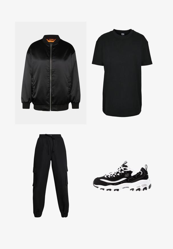 Sort bomberjakke lavet af glat satin, med lynlås foran, ribbede manchetter og kant, samt en orange foring. Klassisk og minimalistisk design.; Sort kortærmet T-shirt med rund hals i størrelse XS med "Urban Classics" mærke inde i kraven.; Sorte cargo-bukser lavet af letvægtsstof, med elastisk talje, snøre og sidelommer. Manchetter ved anklerne fuldender designet.; Sort og hvid atletisk sko med overdel i ruskind, polstret krave og let sål. Har fremtrædende logo og kontrasterende syninger.