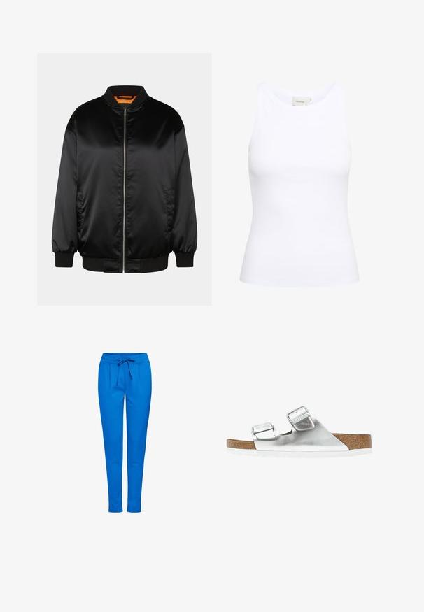 Zwarte bomberjack van glad satijn, met een ritssluiting aan de voorkant, ribbelmanchetten en -zoom, en een oranje voering. Klassiek en minimalistisch ontwerp.; Witte geribde tanktop met een ronde halslijn en zonder mouwen. Rekbaar materiaal en een aansluitend ontwerp. Het label op de achterkant zegt "GESTUZ."; Blauwe joggers gemaakt van een zachte stof, met een elastische tailleband met een trekkoord, twee voorzakken en een taps toelopend ontwerp.; Zilveren metallic sandaal met twee verstelbare banden, kurken voetbed en witte zool. Gladde bovenkant met een glanzende afwerking.