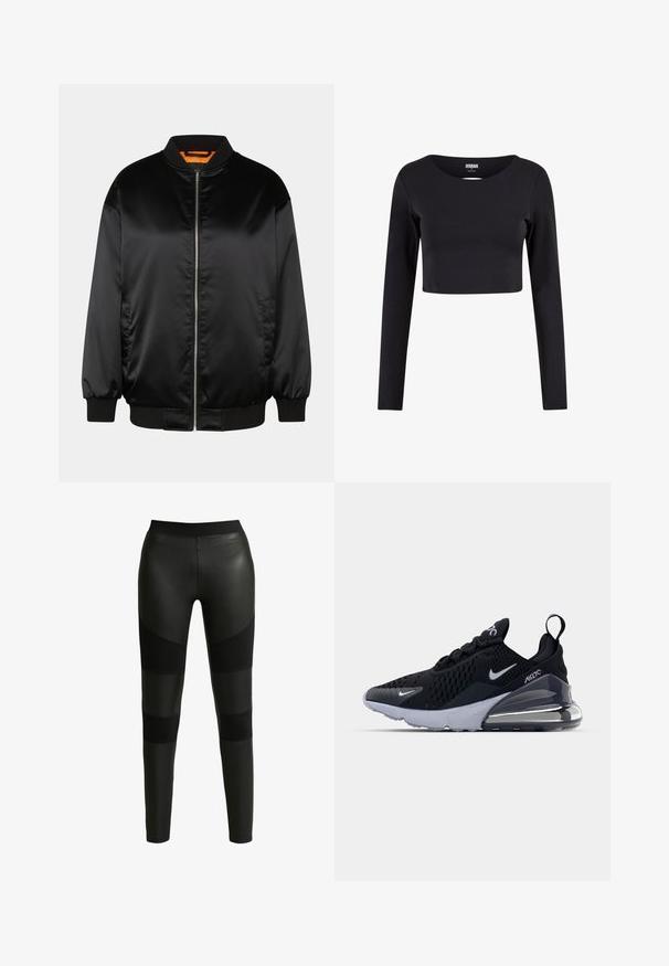 Sort bomberjakke lavet af glat satin, med lynlås foran, ribbede manchetter og kant, samt en orange foring. Klassisk og minimalistisk design.; Sort cropped langærmet top lavet af strækstof. Har en rund halsudskæring og tætsiddende silhuet. Simpelt design uden mønstre eller accenter.; Sorte leggings med en blanding af glinsende og mat finish. Har en bred talje og kontrasterende paneler langs benene. Glat tekstur.; Sort atletiske sneakers med en mesh-overdel, der har et hvidt swoosh-logo, synlig Air-enhed og en tekstureret ydersål. Detaljer inkluderer en bageste trækstrop.