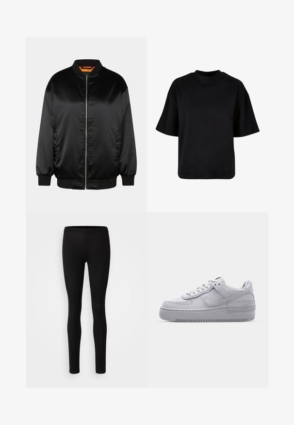 Schwarze Bomberjacke aus glattem Satin, mit Reißverschluss vorn, gerippten Bündchen und Saum sowie einer orangefarbenen Fütterung. Klassisches und minimalistisches Design.; Schwarzes Baumwoll-T-Shirt mit hohem Kragen, kurzen Ärmeln und einem lockeren, kastigen Schnitt ohne sichtbare Muster oder Akzente.; Schwarze Leggings aus einem weichen, dehnbaren Material. Sie haben eine schlanke Passform mit einem elastischen Bund und einer glatten, matten Textur.; Graue Nike Air Force 1 Sneaker mit perforierter Zehenpartie, Obermaterial aus glattem Leder, dicker Sohle und geprägtem 'AIR'-Detail an der Ferse.