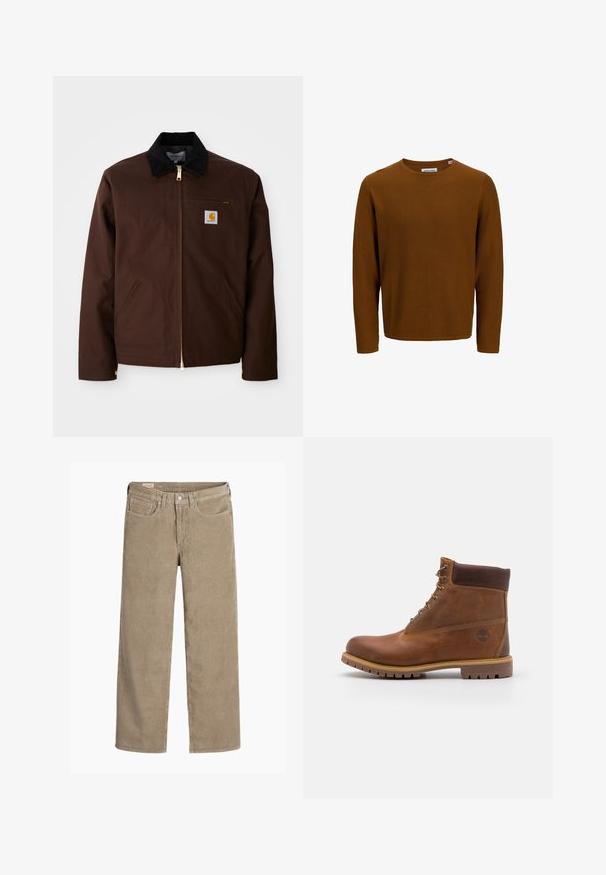 Bruine canvas jas met een gouden rits, corduroy kraag, een borstzak aan de linkerkant met logo patch, en zijzakken met verborgen ritsen.; Bruin sweater met lange mouwen, een gestructureerd breipatroon, ronde halslijn en een rechte zoom. Etiket zichtbaar bij de halslijn.; Lichtbruine corduroy broek in een wijd model, met een knoop- en ritssluiting, vijf zakken en een zachte, ribbeltextuur.; Bruine leren wandelschoen met een gladde afwerking, gevoerde enkel, metalen oogjes en een rubberen zool met een robuust profiel.