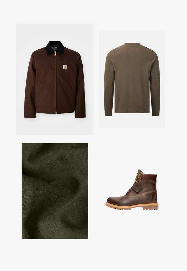 Bruine canvas jas met een gouden rits, corduroy kraag, een borstzak aan de linkerkant met logo patch, en zijzakken met verborgen ritsen.; Langarmig, olijfgroen gestructureerd overhemd, van achteren getoond met een ronde halslijn en effen manchetten op een witte achtergrond.; Close-up van donker groen stof met zichtbare weefstructuur en zachte plooien die schaduwen en hooglichten creëren.; Bruine leren enkelboot met een ronde neus, stevige zool, hardware in goudkleur en een gestructureerde bovenkant. Inclusief een merklabel dat is bevestigd.