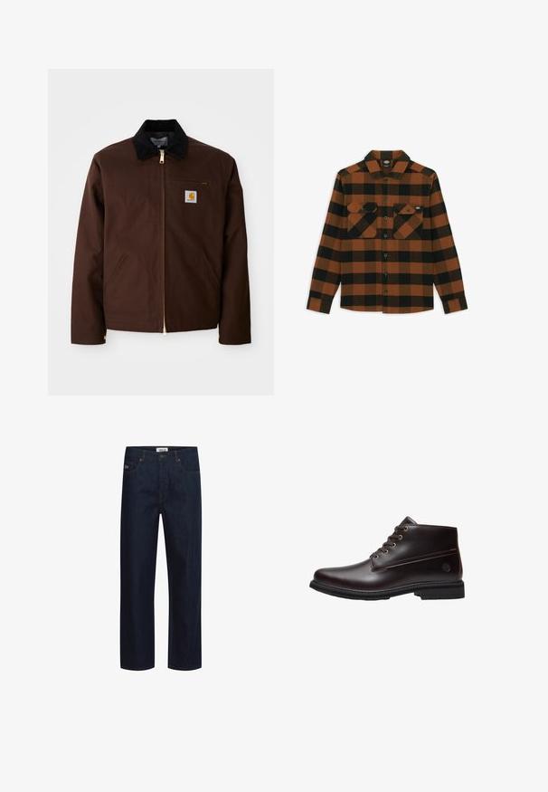 Veste en toile marron avec une fermeture éclair dorée, un col en velours côtelé, une poche sur la poitrine gauche avec un patch logo et des poches latérales avec des fermetures éclair cachées.; Chemise à manches longues en motif écossais orange et noir, fabriquée dans un tissu texturé. Comprend deux poches poitrine et une fermeture à boutons.; Jean en denim bleu foncé avec une coupe droite, doté de cinq poches, de coutures contrastées et d'une étiquette de marque sur la ceinture.; Bottine en cuir marron foncé à lacets avec semelle noire et logo discret de la marque sur le côté, présentée de profil sur fond blanc.