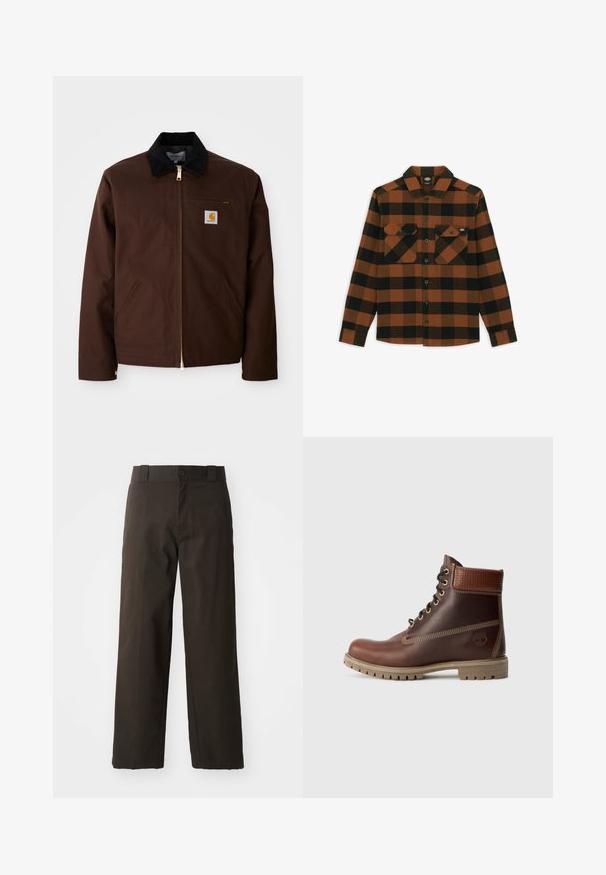 Chaqueta de lona marrón con cremallera dorada, cuello de pana, bolsillo en el pecho izquierdo con parche de logo y bolsillos laterales con cremalleras ocultas.; Camisa de manga larga en un patrón de cuadros naranja y negro, hecha de una tela texturizada. Presenta dos bolsillos en el pecho y cierre frontal con botones.; Pantalones de algodón negros con un diseño de pierna recta, que cuentan con un cierre de botón y una cinturilla clásica. Textura suave, sin patrones ni acentos.; Botín de cuero marrón con cordones, cuello acolchado, costuras en contraste y suela resistente, mostrado desde el lado exterior sobre un fondo blanco.