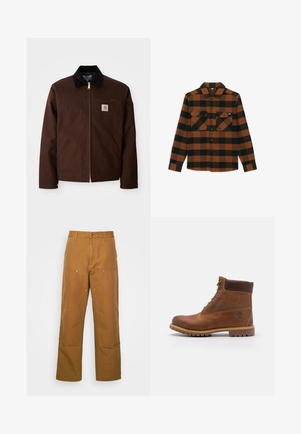 Bruine canvas jas met een gouden rits, corduroy kraag, een borstzak aan de linkerkant met logo patch, en zijzakken met verborgen ritsen.; Langarmshirt in een oranje en zwart geruit patroon, gemaakt van een gestructureerde stof. Heeft twee borstzakken en een knoopsluiting aan de voorkant.; Bruine katoenen utility broeken met een rechte pijpdesign, voorzien van voorzakken en metalen hardware accenten voor extra duurzaamheid.; Bruine leren wandelschoen met een gladde afwerking, gevoerde enkel, metalen oogjes en een rubberen zool met een robuust profiel.