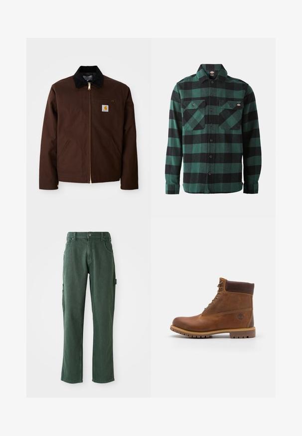 Brun canvasjakke med en gylden lynlås, fløjlskrage, venstre brystlomme med logo-patch og sidelommer med skjulte lynlåse.; Grøn- og sortternet flannel skjorte med lange ærmer, knaplukning foran, to brystlommer og en klassisk krave. Blød tekstur, alsidigt design.; Grønne cargo bukser lavet af bomuldsblanding, med en lige ben skæring, lommer og tonalt syning. Glat tekstur med subtil glans.; Brun læder vandrestøvle med en glat finish, polstret ankel, metalliske snørehuller og en gummisål med et robust dækmønster.