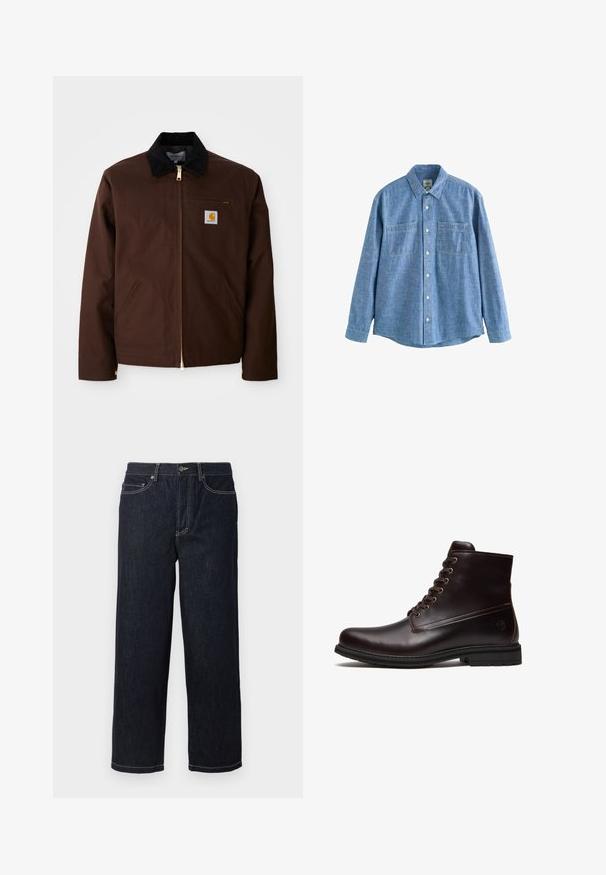 Braune Canvas-Jacke mit goldener Reißverschluss, Cordkragen, linke Brusttasche mit Logo-Patch und seitlichen Taschen mit verdeckten Reißverschlüssen.; Langärmliges blaues Chambray-Hemd mit Knopfleiste und zwei Brusttaschen, flach auf weißem Hintergrund liegend.; Dunkelblaue gerade geschnittene Jeans aus Denim mit fünf Taschen und weißen Kontrastnähten, Knopfverschluss und Gürtelschlaufen.; Dunkelbrauner Leder-Schnürstiefel mit Gummisohle und dezentem geprägtem Logo nahe der Ferse, von der Außenseite gezeigt.