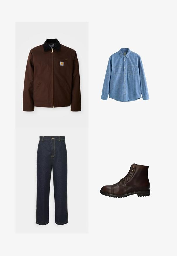 Bruine canvas jas met een gouden rits, corduroy kraag, een borstzak aan de linkerkant met logo patch, en zijzakken met verborgen ritsen.; Blauw chambray overhemd met lange mouwen, knoopsluiting aan de voorkant en twee borstzakken, plat gelegd op een witte achtergrond.; Wijde donkerblauwe spijkerbroek met gele stiksels, voorzien van een knoopsluiting aan de voorkant en zijzakken. Glad van textuur en met een traditioneel ontwerp.; Donkergrote leren veterschoenen tot de enkels met een robuuste rubberen zool en metalen veters, gezien vanuit de buitenzijde.