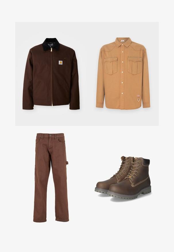 Braune Canvas-Jacke mit goldener Reißverschluss, Cordkragen, linke Brusttasche mit Logo-Patch und seitlichen Taschen mit verdeckten Reißverschlüssen.; Braunes Denim-Hemd mit zwei Brusttaschen, spitzem Kragen, durchgehender Knopfleiste und kontrastierenden Nähten. Mit Logo-Patch und Schlaufen-Detail.; Braune Cargo-Hose aus robustem Stoff, mit geradem Bein, Fronttaschen und einer Seitentasche mit Klappe.; Braune Leder-Ankle-Boots mit Schnürung, gepolstertem Kragen, kontrastierenden Nähten und rutschfester Gummisohle mit Trittmuster.