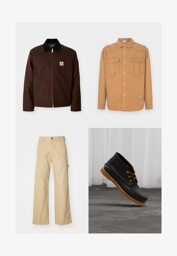 Braune Canvas-Jacke mit goldener Reißverschluss, Cordkragen, linke Brusttasche mit Logo-Patch und seitlichen Taschen mit verdeckten Reißverschlüssen.; Braunes Denim-Hemd mit zwei Brusttaschen, spitzem Kragen, durchgehender Knopfleiste und kontrastierenden Nähten. Mit Logo-Patch und Schlaufen-Detail.; Beigeweite Cargo-Hosen mit Knopfverschluss, ausgestattet mit Seitentaschen, aus strapazierfähigem Baumwollstoff, mit glatter Textur und geradem Schnitt.; Schwarze Lederschuhe mit glatter Oberfläche, runder Zehenform, braunen Schnürsenkeln und hellbraunen Gummisohlen. Logo an der Seite geprägt.
