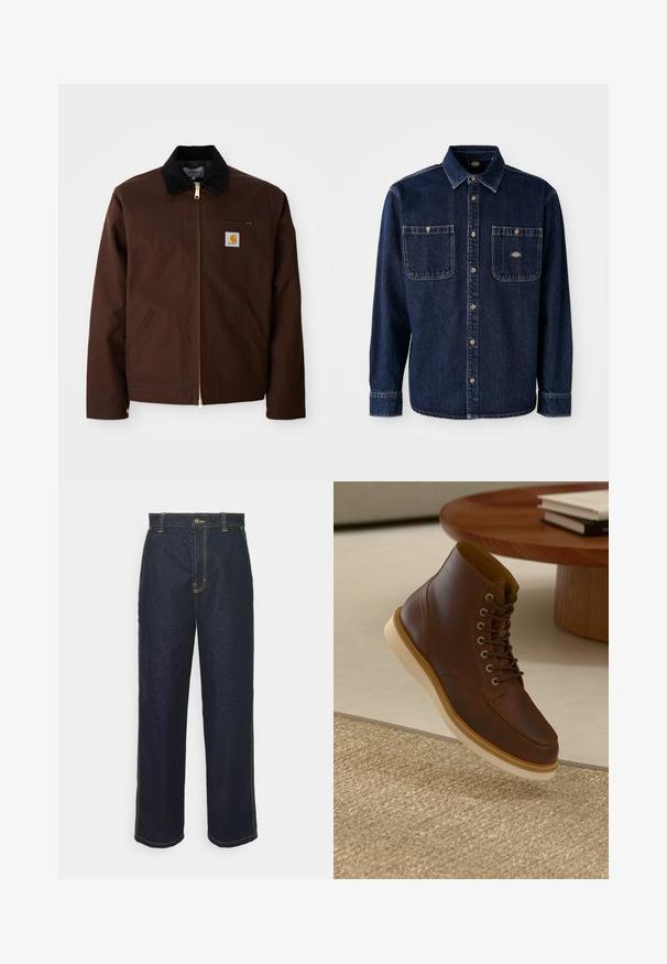 Chaqueta de lona marrón con cremallera dorada, cuello de pana, bolsillo en el pecho izquierdo con parche de logo y bolsillos laterales con cremalleras ocultas.; Camisa de denim azul oscuro con cuello, cierre frontal de botones, dos bolsillos en el pecho, botones dorados y costuras visibles. Presenta un logotipo de la marca.; Jeans de mezclilla oscuros de pierna ancha con costuras amarillas, que cuentan con un cierre frontal de botón y bolsillos laterales. Textura suave y diseño tradicional.; Botín de cuero marrón con suela beige sobre una alfombra beige texturizada al lado de una mesa redonda de madera con libros apilados.