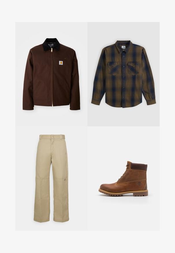 Veste en toile marron avec une fermeture éclair dorée, un col en velours côtelé, une poche sur la poitrine gauche avec un patch logo et des poches latérales avec des fermetures éclair cachées.; Chemise boutonnée à manches longues avec motif à carreaux marron et bleu marine et deux poches poitrine boutonnées, posée à plat sur fond blanc.; Pantalons larges beiges en tissu résistant, dotés d'une taille haute, de coutures visibles et d'un petit logo sur le côté.; Botte de randonnée en cuir marron avec une finition lisse, cheville rembourrée, œillets en métal et semelle en caoutchouc dotée d'un motif de crampons robuste.