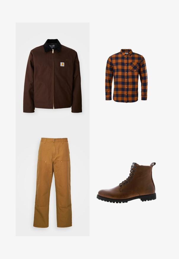 Braune Canvas-Jacke mit goldener Reißverschluss, Cordkragen, linke Brusttasche mit Logo-Patch und seitlichen Taschen mit verdeckten Reißverschlüssen.; Langärmeliges Hemd mit Knöpfen, orange-blau kariertem Muster und einer einzelnen Brusttasche auf weißem Hintergrund.; Braune Baumwoll-Arbeitshosen mit geradem Bein, die über Vordertaschen und Metallakzente für zusätzliche Strapazierfähigkeit verfügen.; Braune Lederstiefeletten mit strukturiertem Finish, metallischen Ösen und schwarzer Gummisohle. Mit Zuglasche hinten für einfaches An- und Ausziehen.