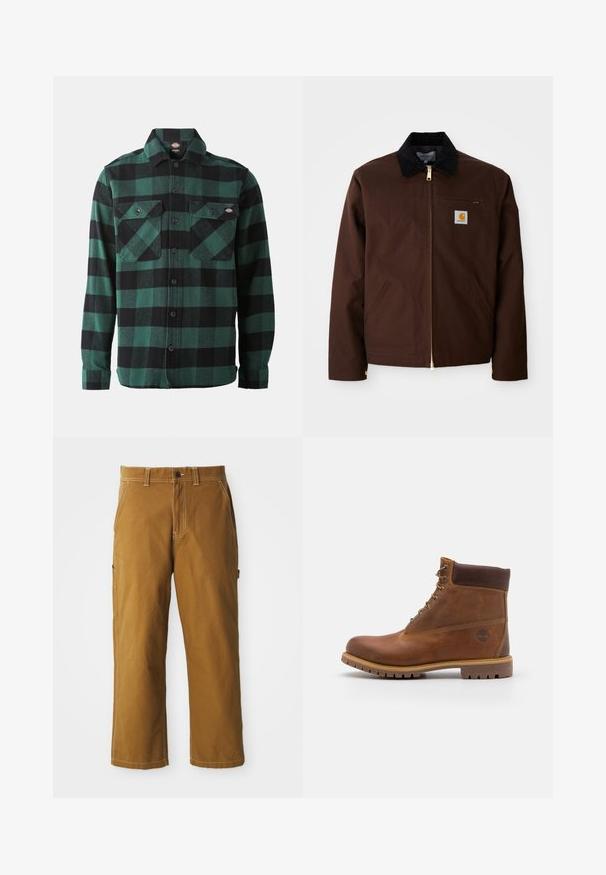 Chaqueta de lona marrón con cremallera dorada, cuello de pana, bolsillo en el pecho izquierdo con parche de logo y bolsillos laterales con cremalleras ocultas.; Camisa de franela a cuadros verdes y negros, con mangas largas, cierre de botones en la parte frontal, dos bolsillos en el pecho y cuello clásico. Textura suave, diseño versátil.; Pantalones de algodón marrón con corte recto, costuras reforzadas y bolsillos laterales. Cuenta con un cierre de botón y trabillas para cinturón en la cintura.; Botas de senderismo de cuero marrón con un acabado suave, tobillo acolchado, ojales de metal y suela de goma con un patrón de tracción robusto.
