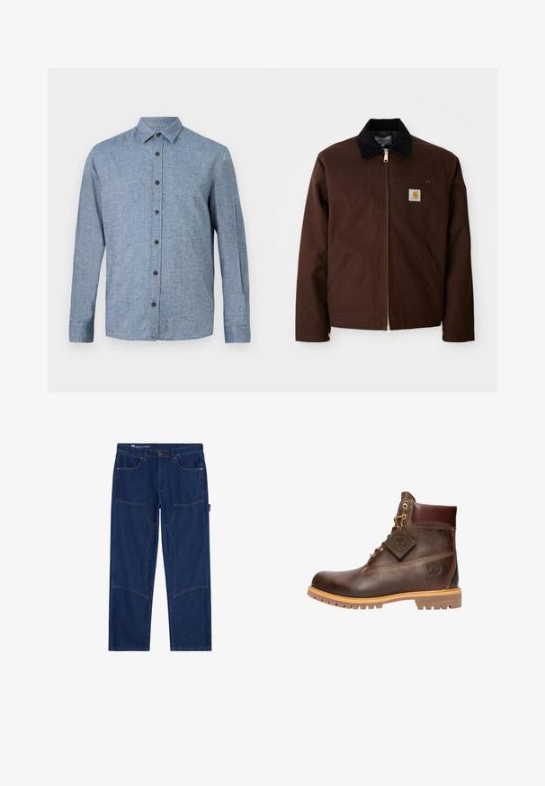 Brun canvasjakke med en gylden lynlås, fløjlskrage, venstre brystlomme med logo-patch og sidelommer med skjulte lynlåse.; Langærmet button-up skjorte i lyseblåt stof med tekstureret væv, med krave og seks mørkeblå knapper ned ad fronten.; Mørkeblå arbejdsjeans med lige ben, forstærkede knæpaneler, forlommer, hammerstrop og kobbernitter.; Brun læder ankelstøvle med rund tå, solid sål, hardware i guldtone og en tekstureret overdel. Inkluderer et logo-tagfæstet.