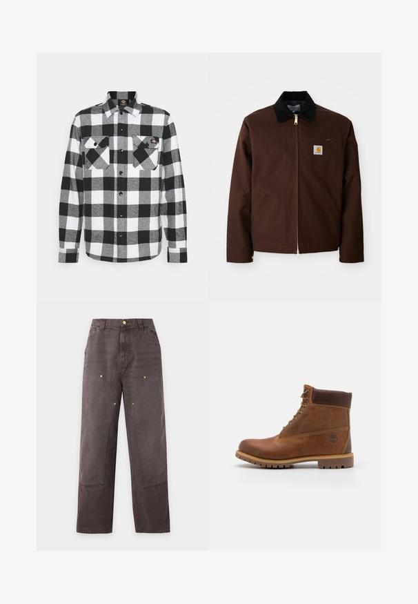Veste en toile marron avec une fermeture éclair dorée, un col en velours côtelé, une poche sur la poitrine gauche avec un patch logo et des poches latérales avec des fermetures éclair cachées.; Chemise en flanelle noir et blanc avec un motif à carreaux, présentant deux poches poitrine, un devant boutonné et un col. Tissu doux et texturé.; Pantalon marron à jambes droites avec taille haute, poches avant, passants de ceinture et coutures visibles au niveau des genoux et des cuisses.; Botte de randonnée en cuir marron avec une finition lisse, cheville rembourrée, œillets en métal et semelle en caoutchouc dotée d'un motif de crampons robuste.