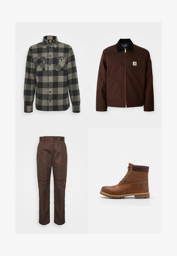 Veste en toile marron avec une fermeture éclair dorée, un col en velours côtelé, une poche sur la poitrine gauche avec un patch logo et des poches latérales avec des fermetures éclair cachées.; Chemise en flanelle à carreaux noirs et gris, à manches longues, à boutonnière à l'avant, avec deux poches sur la poitrine et un ourlet légèrement arrondi. Tissu texturé.; Pantalon marron à jambe droite avec une texture lisse. Présente des passants de ceinture, des coutures latérales et un petit logo de marque sur la jambe gauche.; Botte de randonnée en cuir marron avec une finition lisse, cheville rembourrée, œillets en métal et semelle en caoutchouc dotée d'un motif de crampons robuste.
