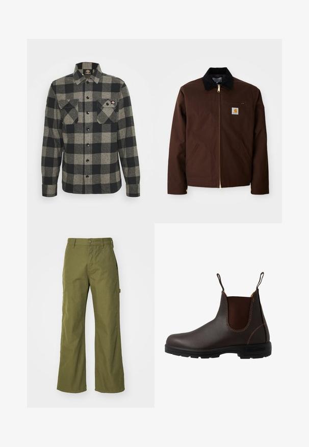 Braune Canvas-Jacke mit goldener Reißverschluss, Cordkragen, linke Brusttasche mit Logo-Patch und seitlichen Taschen mit verdeckten Reißverschlüssen.; Schwarzes und graues kariertes Flanellhemd mit langen Ärmeln, Knopfverschluss vorne, zwei Brusttaschen und einem leicht abgerundeten Saum. Strukturiert. ; Olivgrüne, weite Hosen aus strapazierfähigem Material, mit Knopfverschluss, seitlichen Taschen und einem geraden Saumdesign.; Brauner Chelsea-Stiefel aus Leder mit elastischem Seiteneinsatz, brauner Naht, Zuglaschen und einer strapazierfähigen Gummisohle mit strukturiertem Muster.