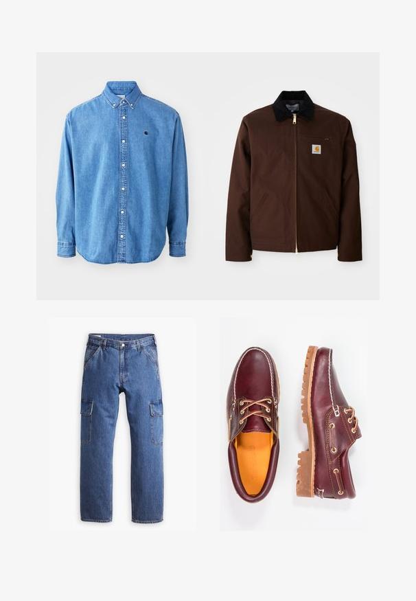 Brun canvasjakke med en gylden lynlås, fløjlskrage, venstre brystlomme med logo-patch og sidelommer med skjulte lynlåse.; Denim button-down skjorte, lyseblå i farven, med krave, lange ærmer og et lille logo på brystet. Har hvide knapper og syninger.; Blå denim cargo bukser med lige ben-design, to sidelommer og synlige sømdetaljer. Generelt en afslappet og funktionel stil.; Bordeaux lædersko med brune gummisåler, rund tå, hvid syning og gyldne snøringer. Indersiden har et gult for.
