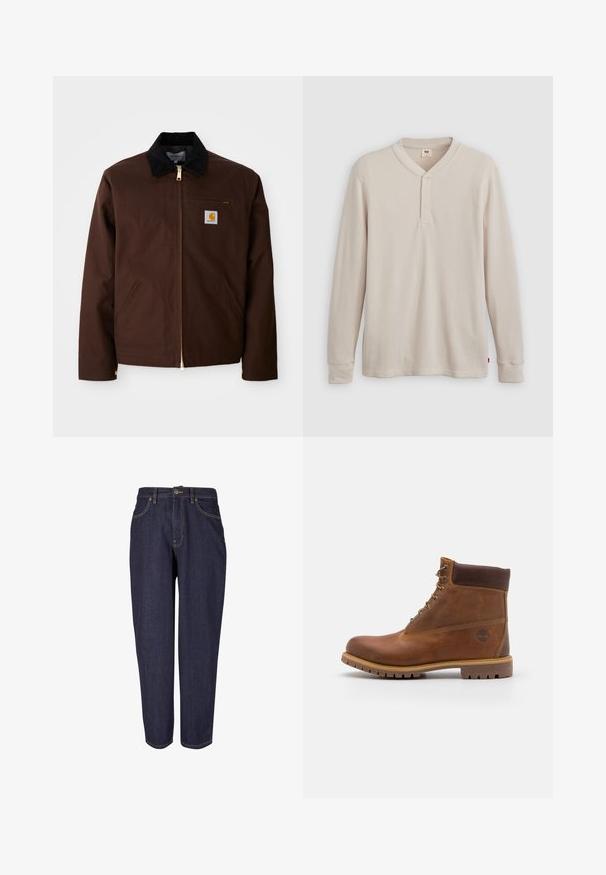 Bruine canvas jas met een gouden rits, corduroy kraag, een borstzak aan de linkerkant met logo patch, en zijzakken met verborgen ritsen.; Lange mouwen henley-shirt in lichtbeige ribbelstof, met een V-hals, een drieknoopsluiting en manchetten. Rode logo-label aan de onderkant.; Donkerdenim jeans met een recht gesneden ontwerp, voorzien van traditionele vijf-pocket styling, subtiele gouden stiksels en een metalen knoopsluiting.; Bruine leren wandelschoen met een gladde afwerking, gevoerde enkel, metalen oogjes en een rubberen zool met een robuust profiel.