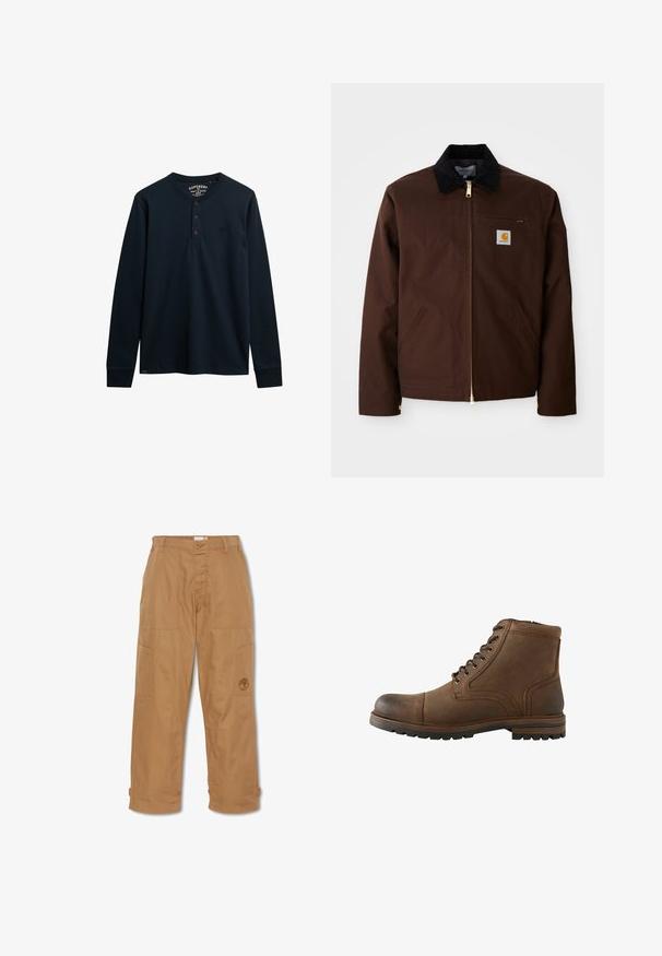 Chaqueta de lona marrón con cremallera dorada, cuello de pana, bolsillo en el pecho izquierdo con parche de logo y bolsillos laterales con cremalleras ocultas.; Camisa henley de manga larga en color marino, hecha de algodón suave, con una tapeta de tres botones, dobladillo redondeado y pequeño logotipo en el pecho.; Pantalones de trabajo color caqui, hechos de una tela resistente, cuentan con múltiples bolsillos, un cierre de botón y un logo bordado en el muslo.; Bota de cuero marrón hasta el tobillo con cordones delanteros y suela rugosa, diseñada para uso casual o al aire libre.