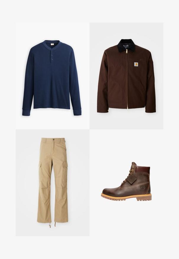 Braune Canvas-Jacke mit goldener Reißverschluss, Cordkragen, linke Brusttasche mit Logo-Patch und seitlichen Taschen mit verdeckten Reißverschlüssen.; Langärmliges navyblaues Henley-Shirt aus geripptem Stoff. Mit rundem Ausschnitt und einer Knopfleiste mit drei Knöpfen. Die Bündchen sind schmal geschnitten.; Khakifarbene Cargo-Hosen aus strapazierfähigem Material, mit mehreren Seitentaschen, geradem Bein-Design und verstellbaren Kordeln am Saum.; Braune Leder-Ankelstiefel mit runder Zehenpartie, robuster Sohle, goldfarbener Hardware und strukturiertem Obermaterial. Enthält ein angehängtes Logo-Tag.