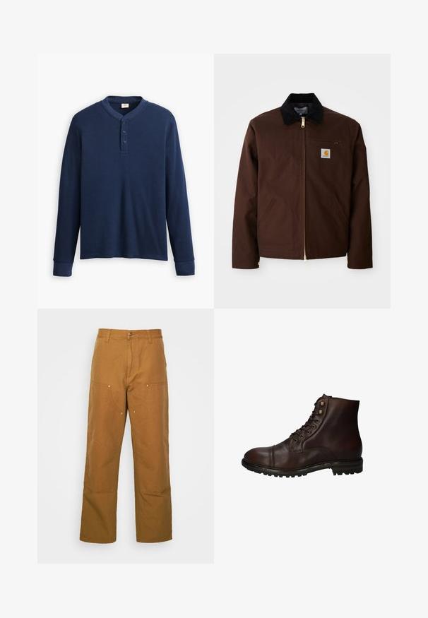 Ruskea kanvaajtakki, jossa on kultainen vetoketju, corduroy-pellavakaulus, vasemman rinnan tasku logopatchilla ja sivutaskut, joissa on piilotetut vetoketjut.; Pitkähiainen tummansininen henley-paita ribbikankaasta. Ominaisuuksiin kuuluu pyöreä kaula-aukko ja kolme nappia. Hihansuut ovat istutetut.; Ruske puuvillased utiliitpüksid sirge jala lõikega, millel on ees taskud ja metallist detailid lisakestvuse tagamiseks.; Tummanruskea nahkasaapas, jossa on mustat nauhat ja kova kumipohja, nähtynä ulkopuolelta.
