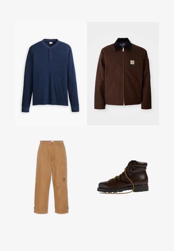 Chaqueta de lona marrón con cremallera dorada, cuello de pana, bolsillo en el pecho izquierdo con parche de logo y bolsillos laterales con cremalleras ocultas.; Camisa henley de manga larga en color azul marino hecha de tela acanalada. Presenta un escote redondo y una tapeta de tres botones. Los puños son ajustados.; Pantalones de trabajo color caqui, hechos de una tela resistente, cuentan con múltiples bolsillos, un cierre de botón y un logo bordado en el muslo.; Botas de senderismo de cuero marrón con punta redondeada, superficie texturizada, cordones amarillos y ojales de metal. Cuentan con una suela de goma negra resistente.