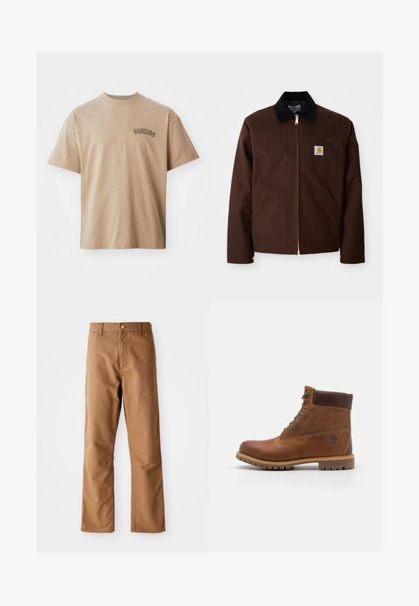 Braune Canvas-Jacke mit goldener Reißverschluss, Cordkragen, linke Brusttasche mit Logo-Patch und seitlichen Taschen mit verdeckten Reißverschlüssen.; Beige Baumwoll-T-Shirt mit kurzen Ärmeln und Rundhalsausschnitt. Auf der linken Brust befindet sich ein schwarzer "DICKIES"-Aufdruck. Klassische Passform und glatte Textur.; Braune gerade geschnittene Hosen mit Gürtelschlaufen, Vordertaschen, Knopfverschluss und Reißverschluss vor einem weißen Hintergrund.; Braune Lederwanderschuhe mit glatter Oberfläche, gepolstertem Knöchel, Metallösen und einer Gummisohle mit robustem Profil.