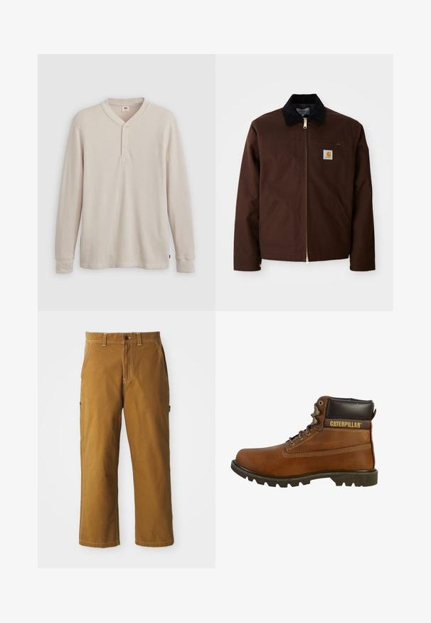 Brun canvasjakke med en gylden lynlås, fløjlskrage, venstre brystlomme med logo-patch og sidelommer med skjulte lynlåse.; Langærmet henley-skjorte i lys beige ribbet stof, med V-hals, tre-knap placket og manchetter ved ærmerne. Rød logo-tags ved kanten.; Brune bomuldsbukser med lige pasform, forstærkede sømme og sidelommer. Har en knaplukning og bæltestropper i taljen.; Brune læderarbejdssko med høj ankel, robust sål, metaløjer og en mørkebrun polstret krave. Har "Caterpillar"-branding.