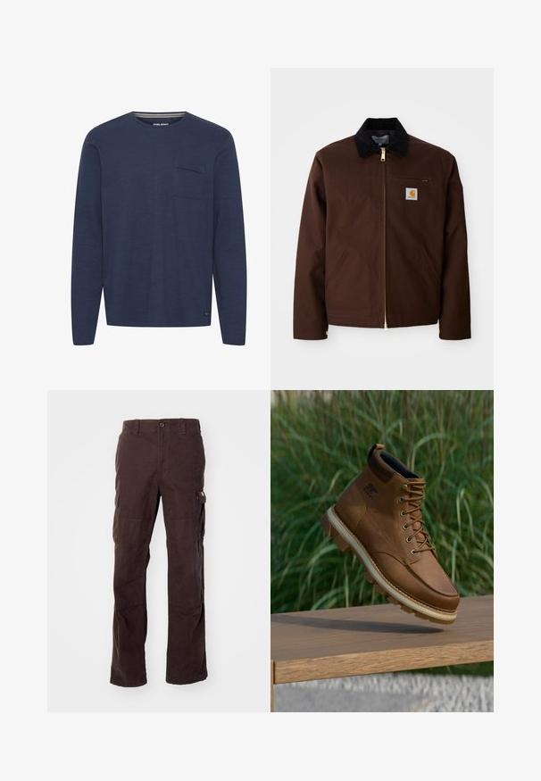 Braune Canvas-Jacke mit goldener Reißverschluss, Cordkragen, linke Brusttasche mit Logo-Patch und seitlichen Taschen mit verdeckten Reißverschlüssen.; Langärmliges navyblaues Hemd aus strukturiertem Stoff, mit einer Brusttasche und einem Rundhalskragen, der innen mit einem dezenten Streifen akzentuiert ist.; Braune Cargo-Hose aus robustem Baumwollstoff, mit seitlichen Taschen, einer lässigen Passform und geraden Beinen mit sichtbaren Nähten.; Brauner Sorel-Wanderschuh aus Leder mit dicker Profilsohle, schwebend über einer Holzfläche, mit grünem Gras im Hintergrund.