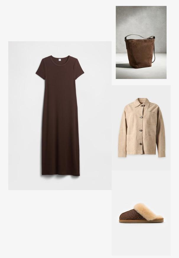 Chaqueta beige de ante con botones, con cuello y tres bolsillos delanteros, mostrada sobre un fondo claro y liso.; Vestido largo de algodón marrón con mangas cortas, escote redondo y textura suave. El diseño es simple y de corte recto, proporcionando un ajuste relajado.; Zapatilla de leopardo con parte superior de ante marrón y una correa de borrego suave en tono beige. Suela blanda para mayor comodidad. Diseño simple de punta abierta.; Bolso tipo cubo de ante marrón con una única correa para el hombro, sobre un fondo neutro en tonos gris y blanco.